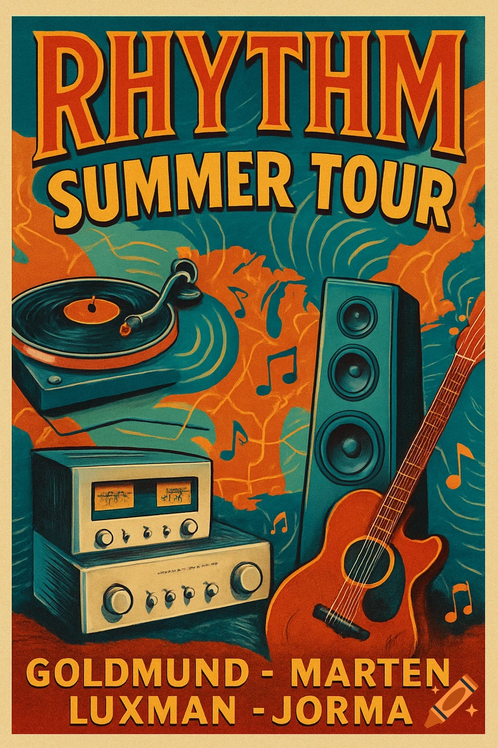 A vintage-style concert poster for the "Rhythm Summer Tour" featuring a turntable, speaker, amplifier, and acoustic guitar with musical notes.