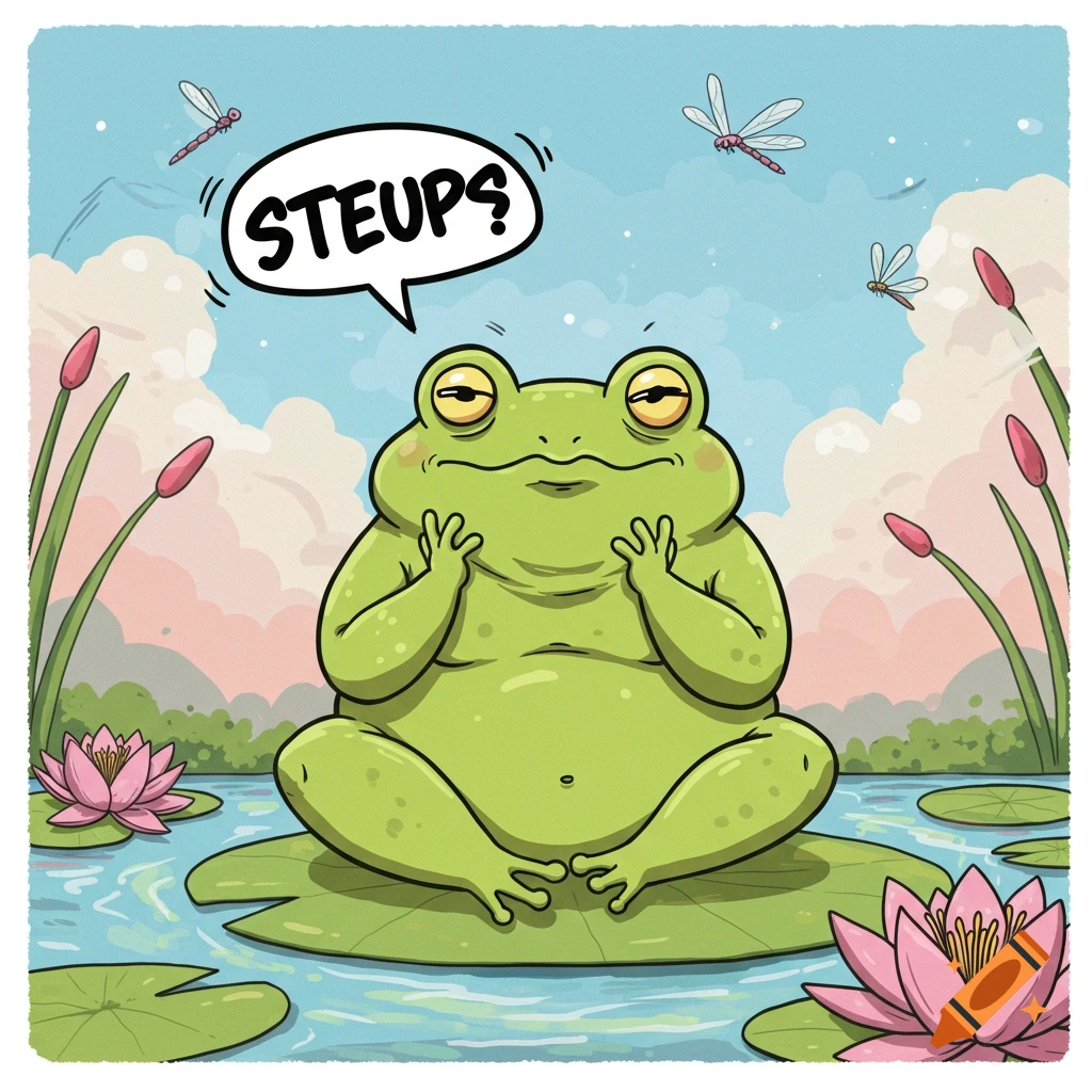 A cartoon frog sits on a lily pad in a pond, looking frustrated with a speech bubble saying 'STEUPS?'. Dragonflies fly above.