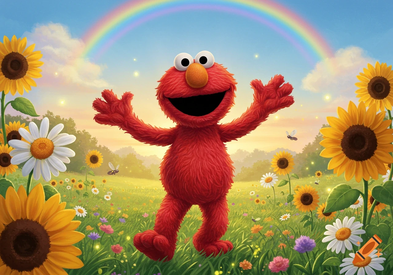 Happy Elmo with arms outstretched in a vibrant field of sunflowers and daisies under a rainbow.