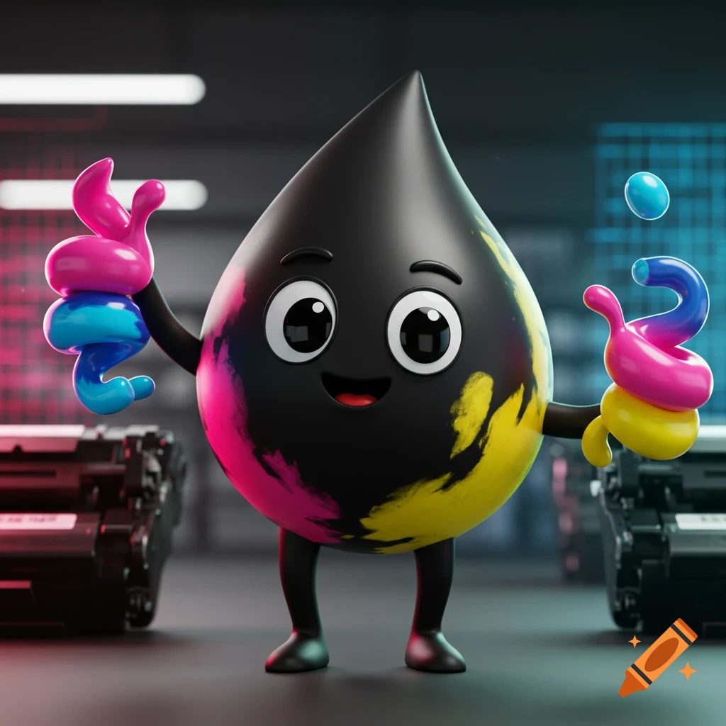 A cute 3D render of a black ink drop mascot character with CMYK ink splatters, holding colorful swirls, in a printer factory setting.