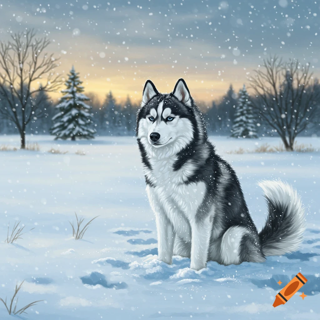 A black and white husky sits in a snowy field with falling snow, trees, and a sunset sky.