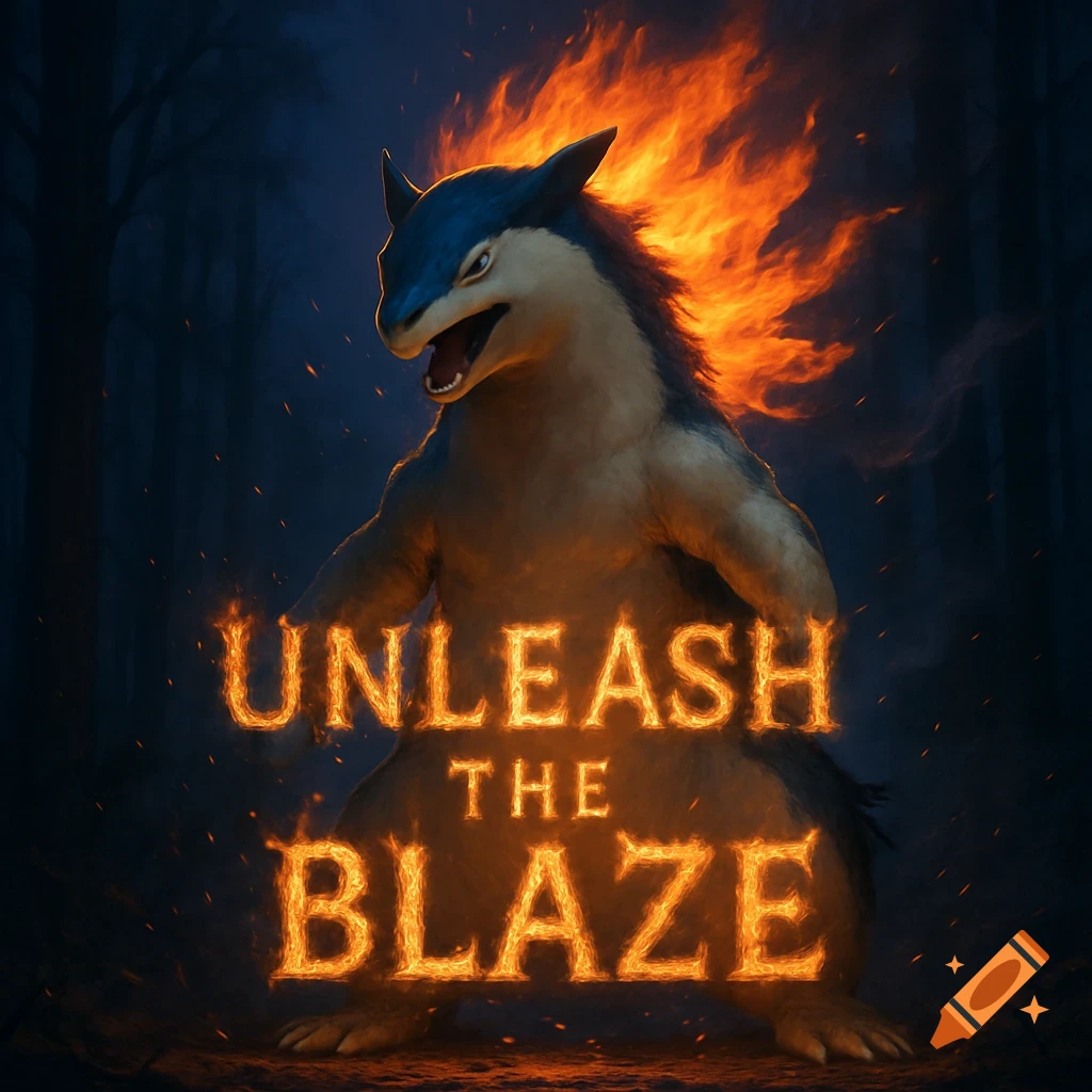 A powerful Typhlosion stands in a dark forest with fire around its neck, fiery text below reads "UNLEASH THE BLAZE."