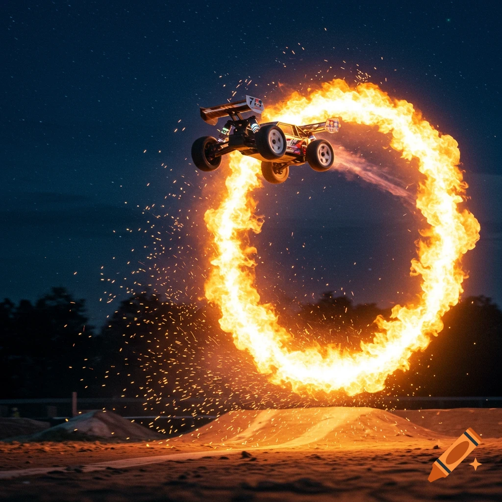 A photorealistic RC buggy jumps through a vibrant ring of fire over a dirt ramp at night.