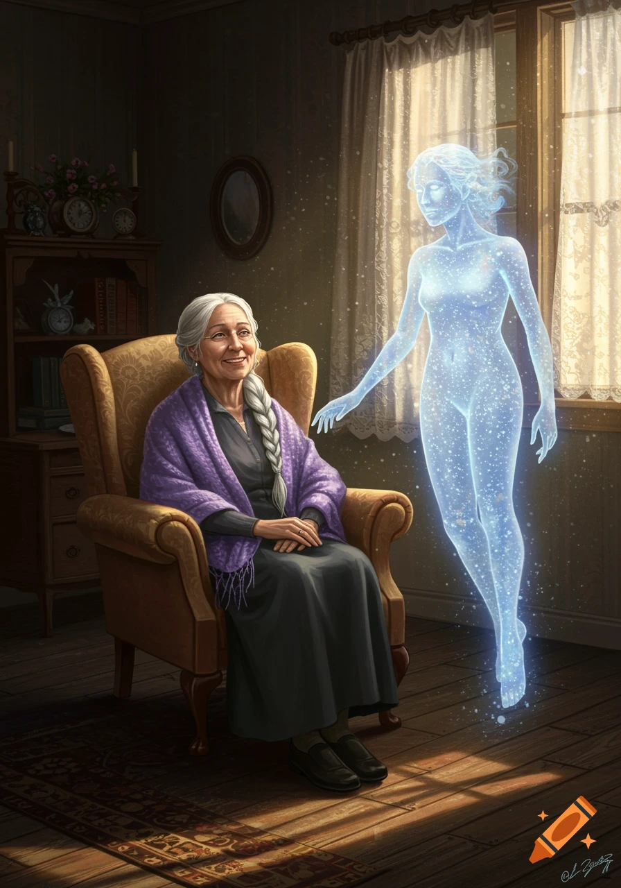 An older woman with a long gray braid smiles from an armchair at a sparkling, translucent blue ghost in a cozy room.