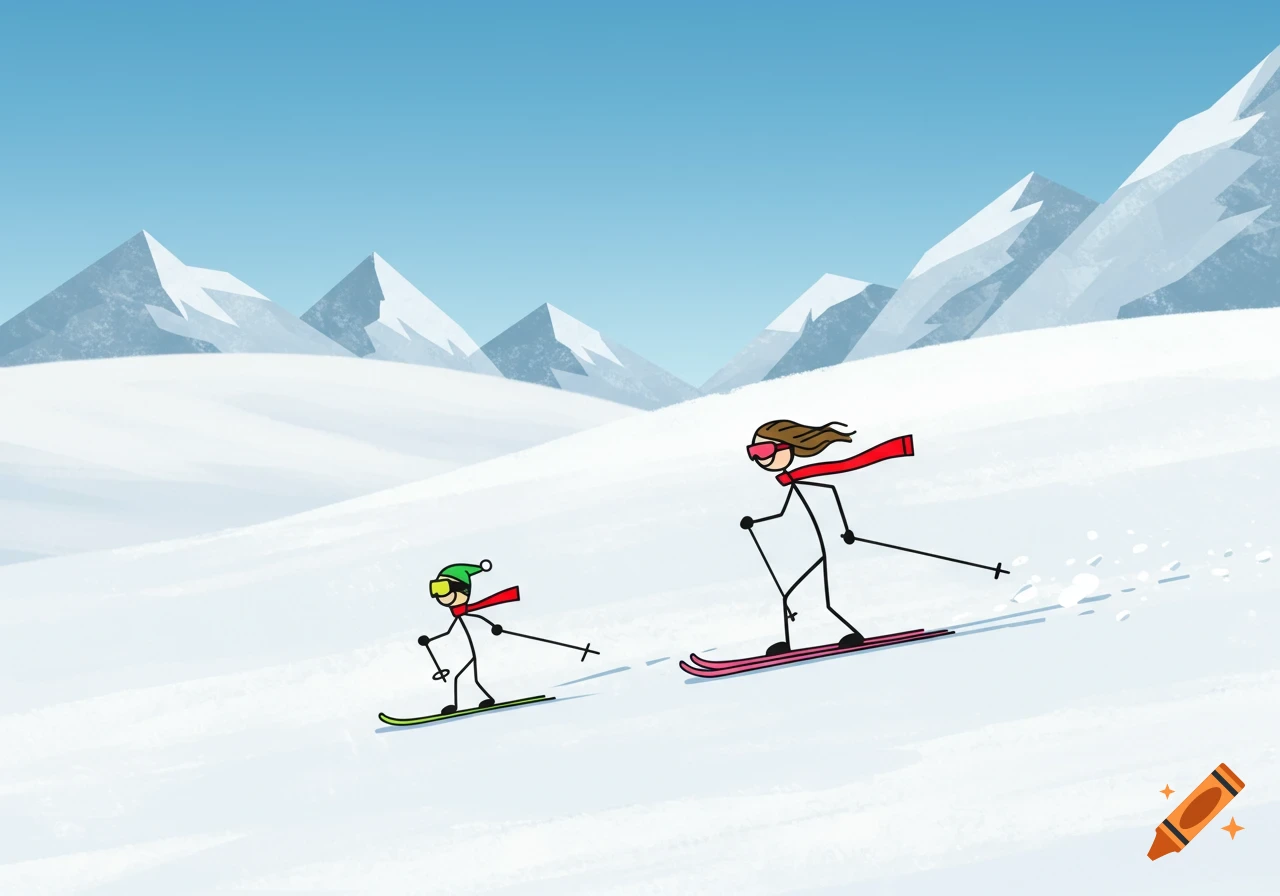 Stick figure illustration of a mom and son skiing down a snowy mountain slope.