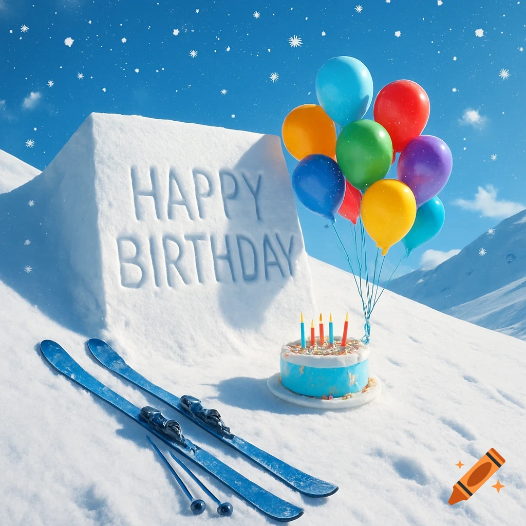 A photorealistic image of a 'Happy Birthday' message carved in snow, with balloons, a cake, and skis in a winter landscape.