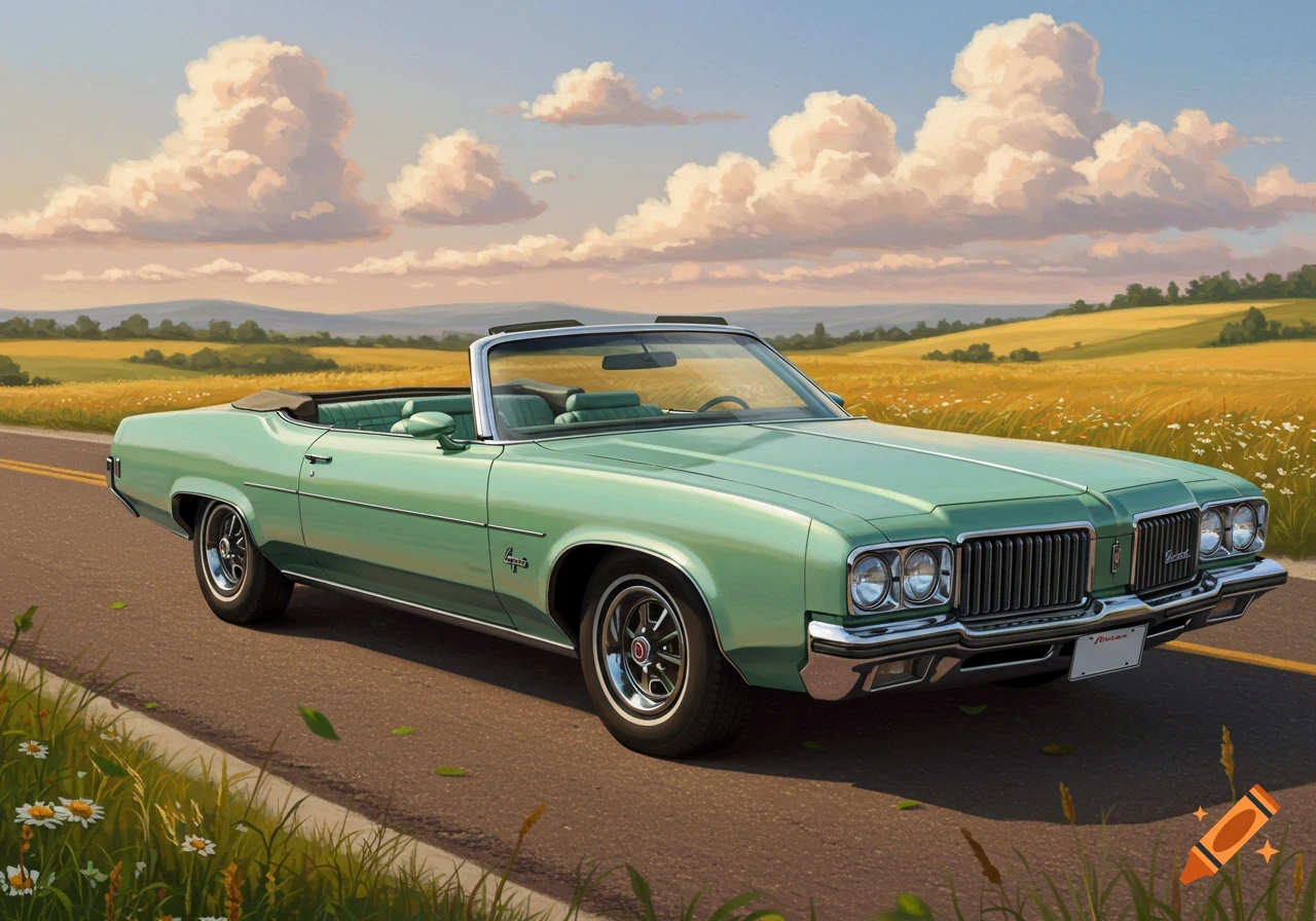 A mint green vintage convertible car drives down a rural road bordered by yellow fields under a cloudy sky.