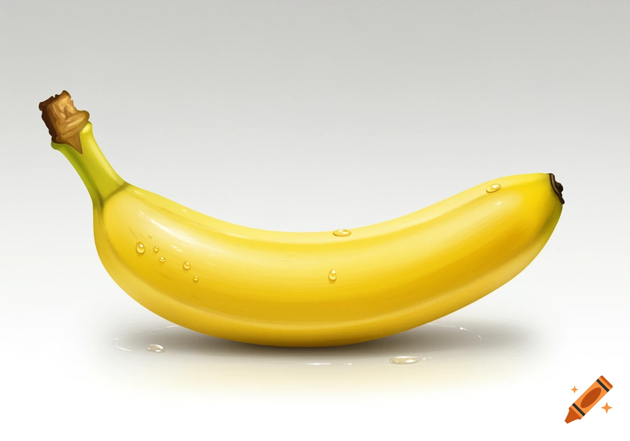 A single ripe yellow banana with water droplets, resting on a white surface.