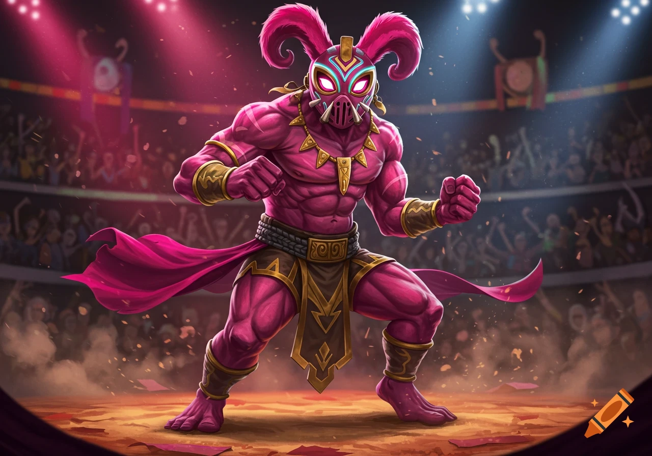 A pink muscular creature in a masked brawling costume stands in a spotlighted arena with a cheering crowd.