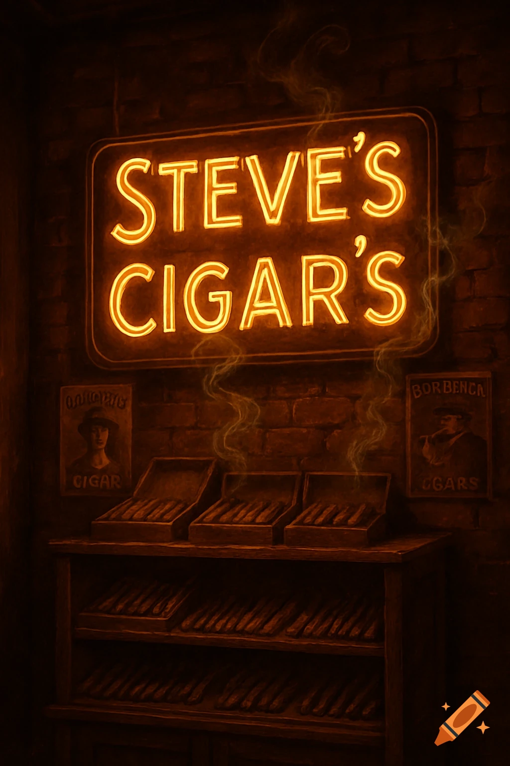 A glowing neon sign "STEVE'S CIGAR'S" hangs above wooden cigar displays in a dark, speakeasy-style room.