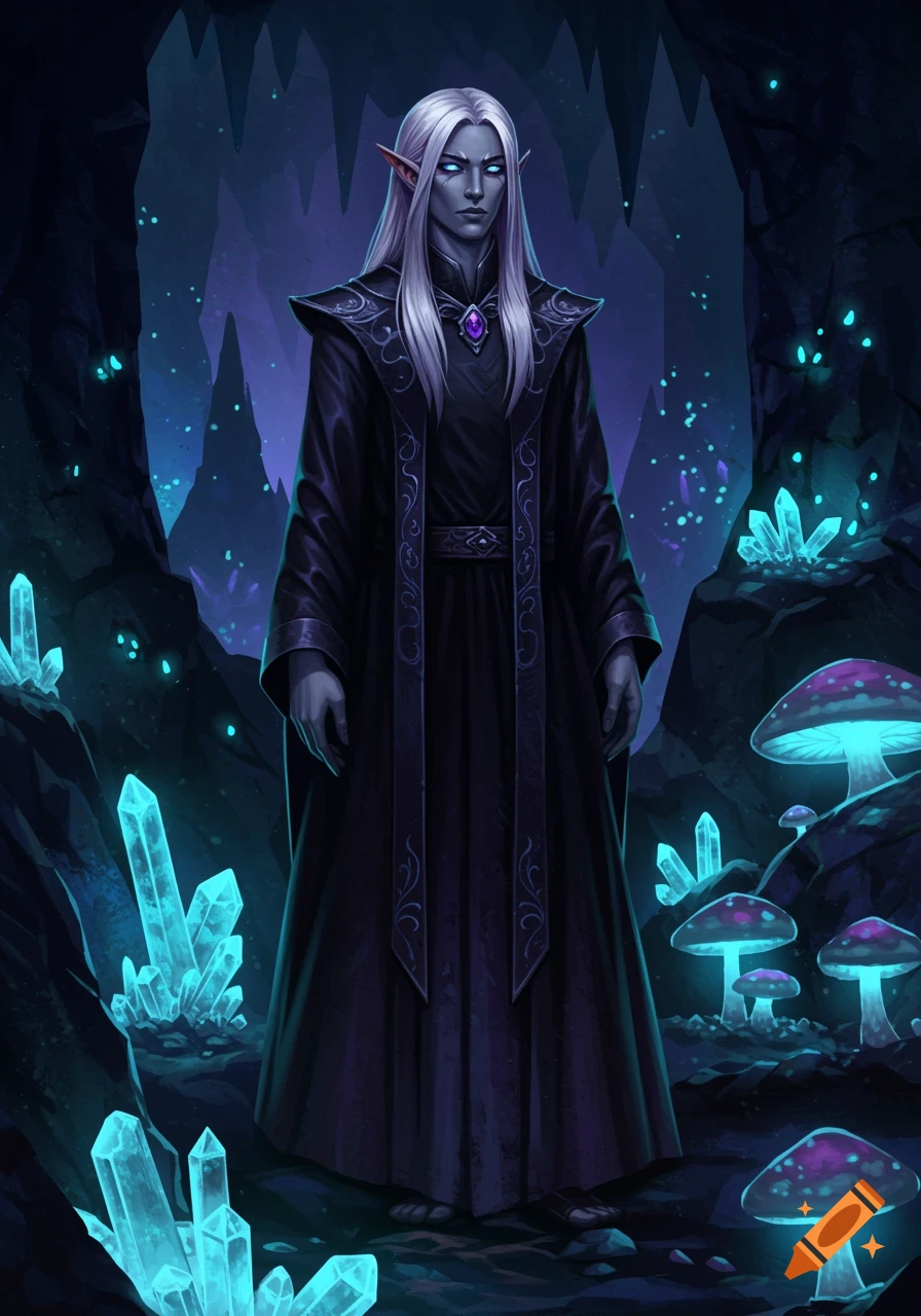 A solemn drow elf with white hair, grey skin, and blue eyes stands in a dark cave surrounded by glowing blue crystals and purple mushrooms.