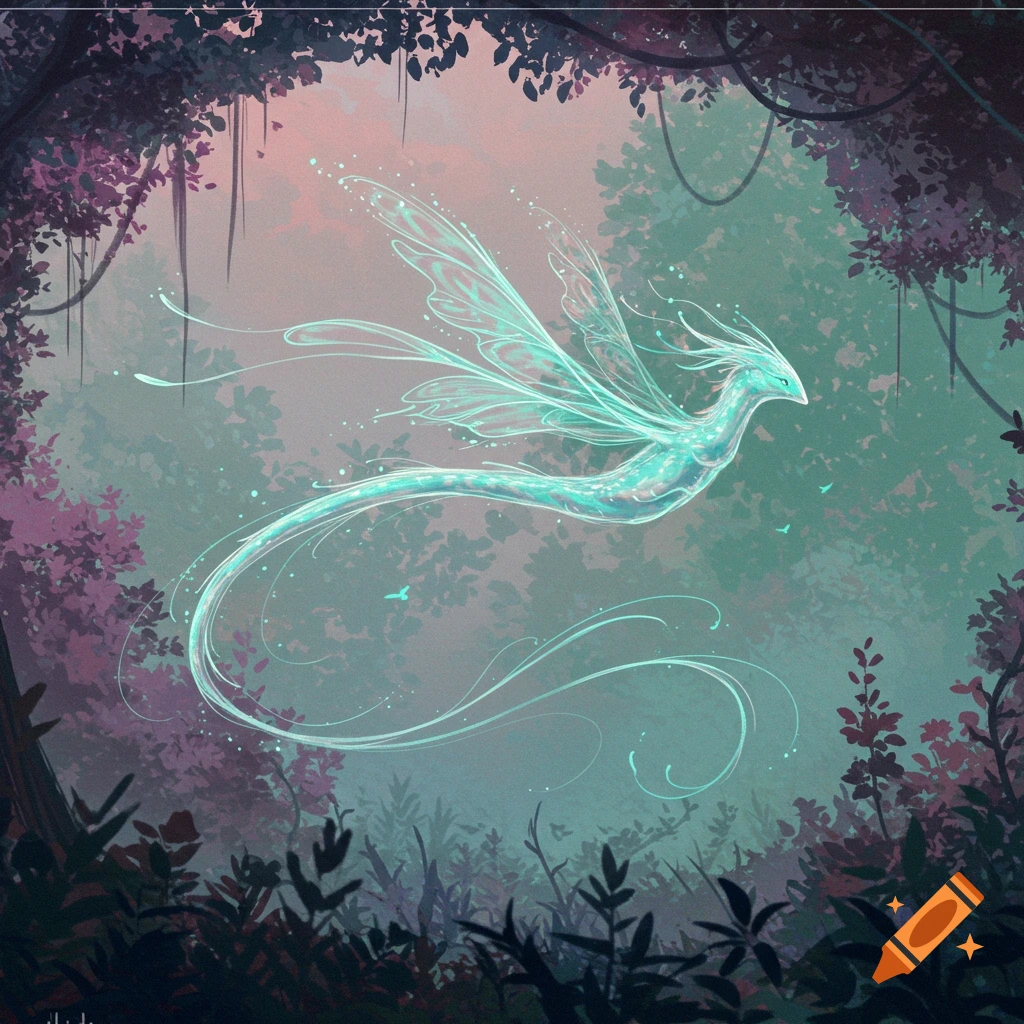 A glowing ethereal dragon-like creature with delicate wings floats through a mystical forest, digital art.