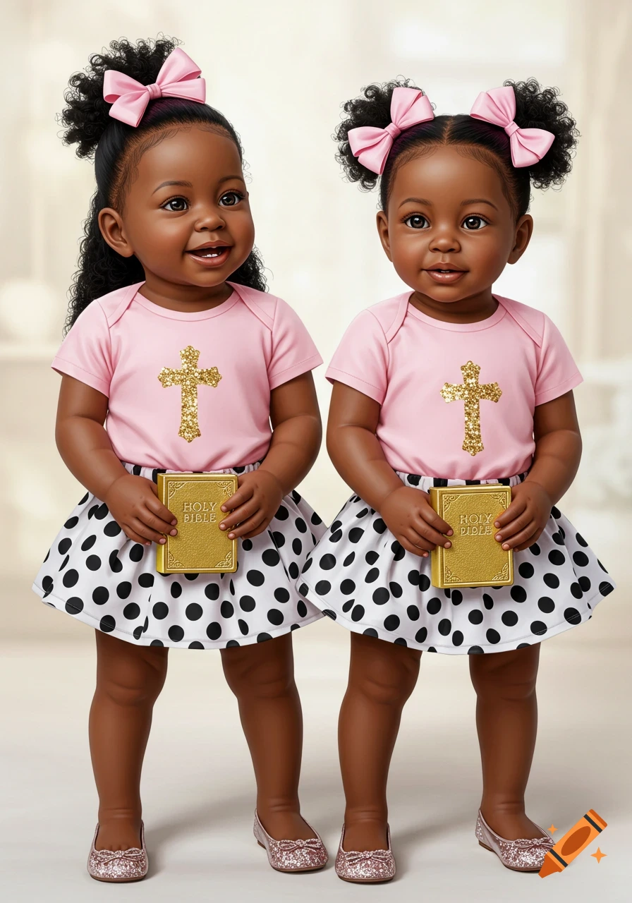 Photorealistic image of two African American twin baby girls in pink and polka dots, holding Bibles, with pink bows in their hair.