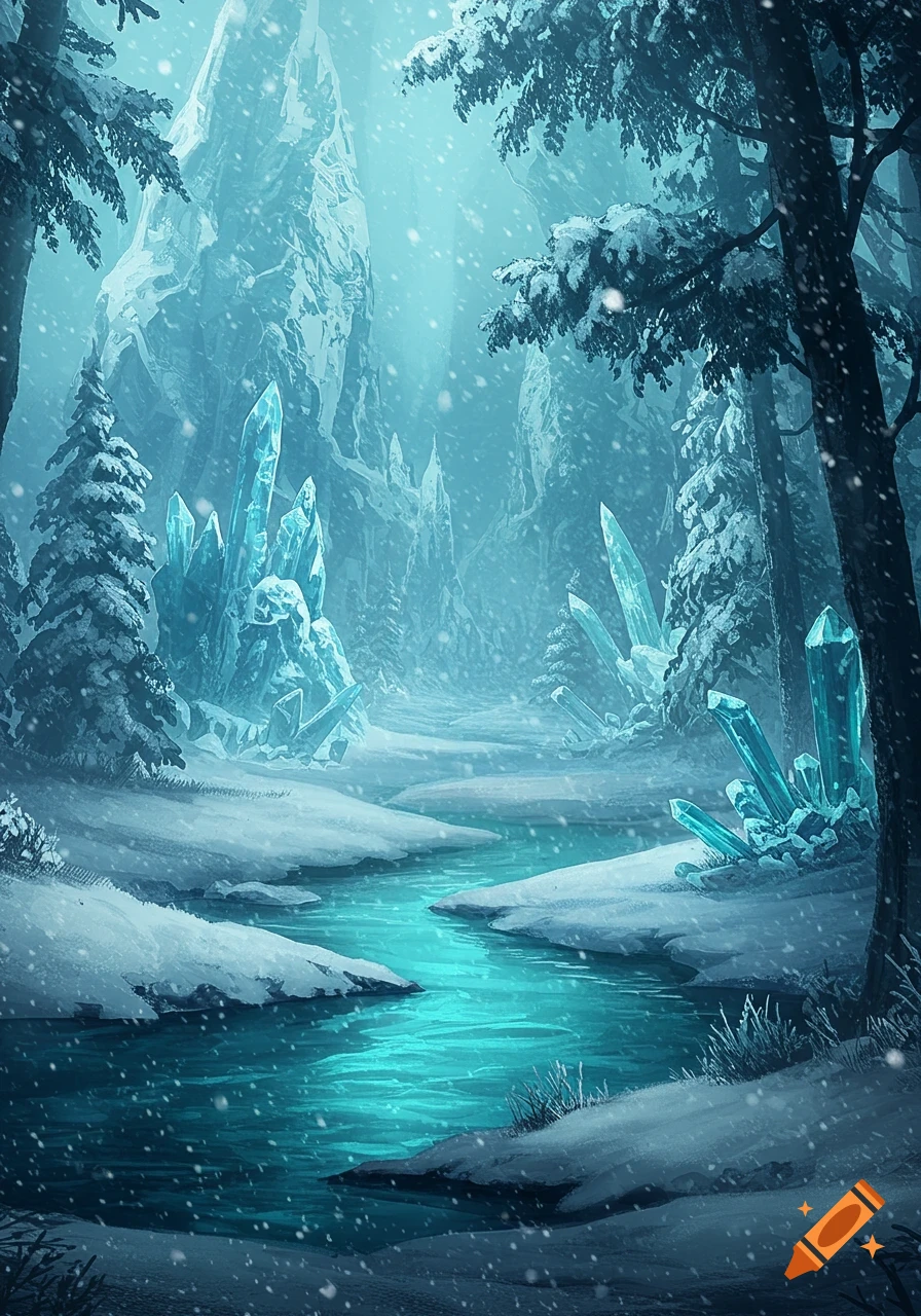 A fantasy winter landscape with large, glowing blue ice crystals, a turquoise river winding through snow, and snow-covered pine trees.