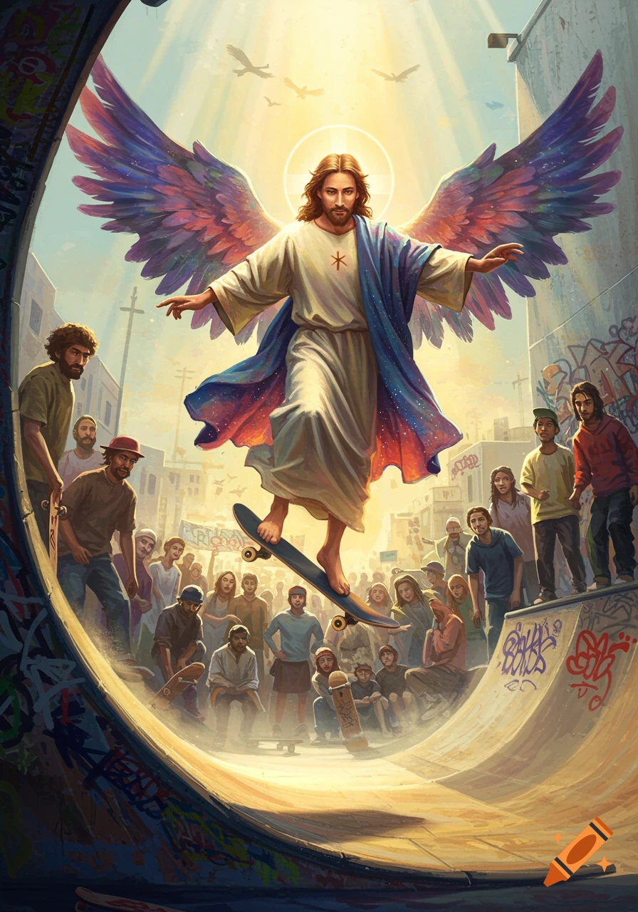 Jesus with colorful wings on a skateboard in a skatepark, surrounded by a crowd of people under a bright sky.