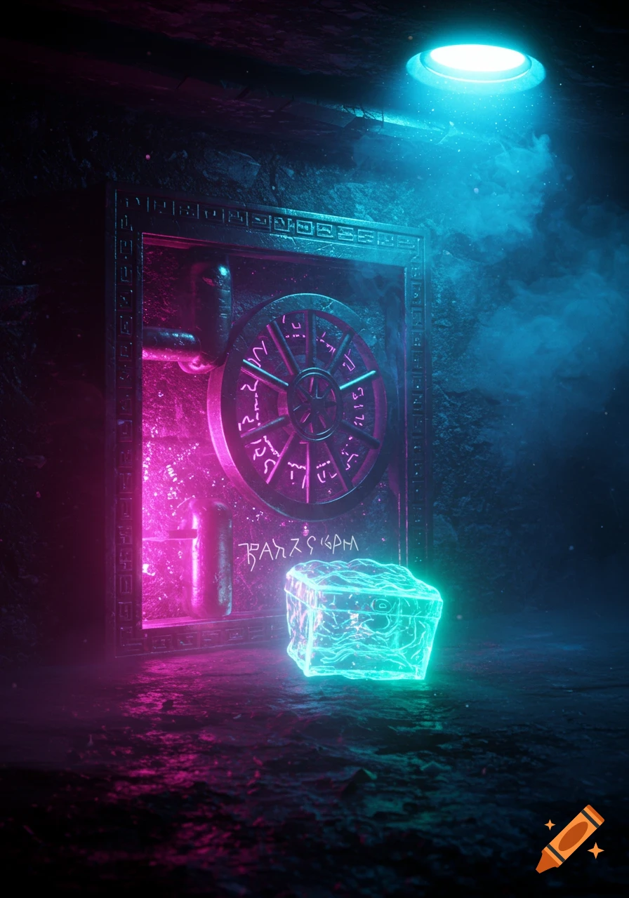 An ancient vault door with glowing arcane symbols in a dark, misty room, illuminated by neon purple and blue light. A glowing, semi-transparent treasure chest rests in front.