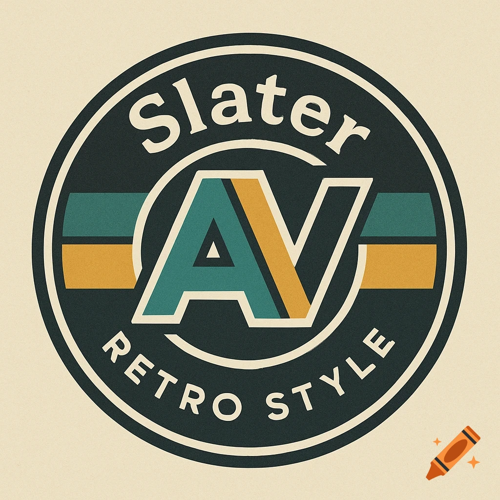 Circular vintage badge logo with layered 'AV' letters, featuring teal, mustard yellow, and charcoal gray colors. 'Slater' is curved at the top, and 'RETRO STYLE' is curved at the bottom.