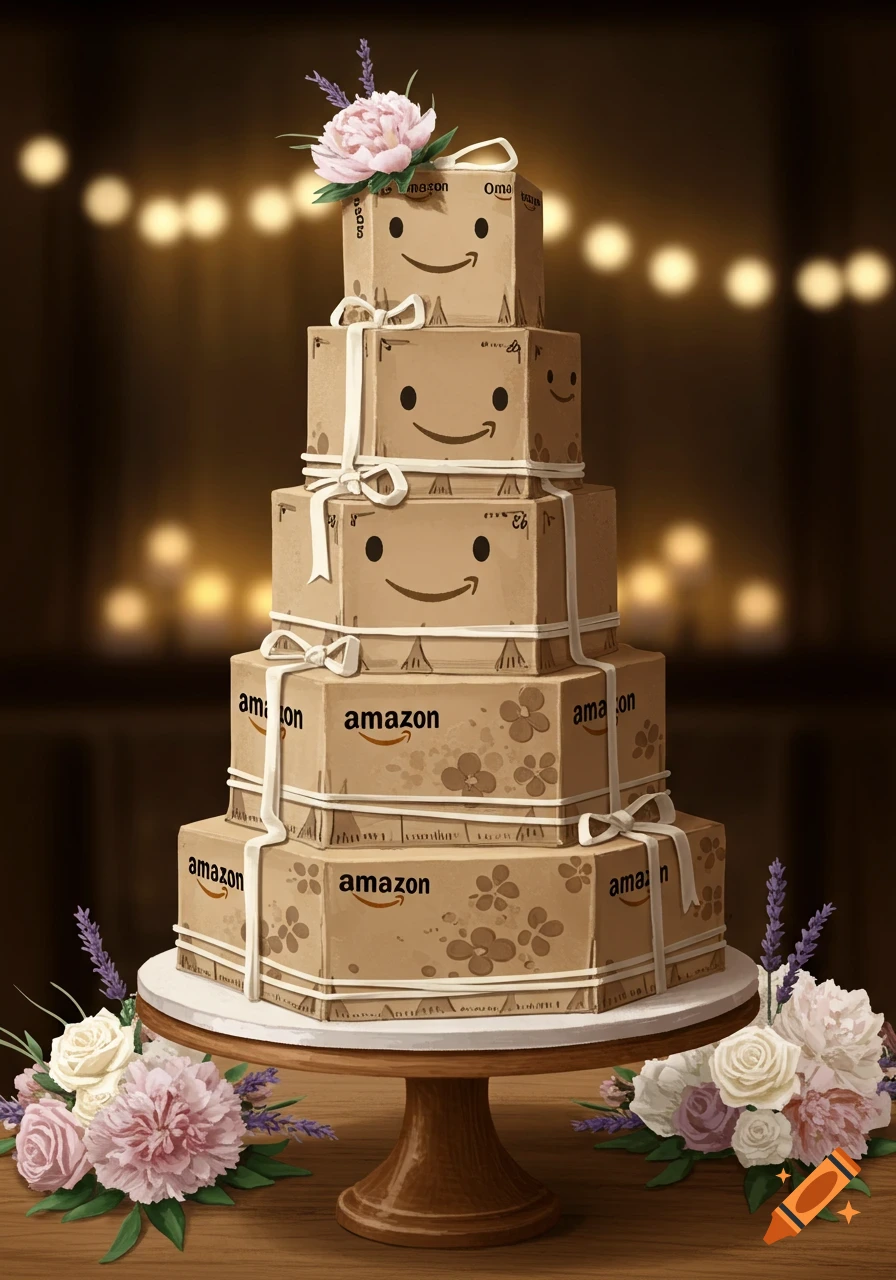 An illustrated five-tiered wedding cake made of Amazon boxes, adorned with white ribbons, pink peonies, and lavender on a wooden cake stand, against a blurred background of warm lights.