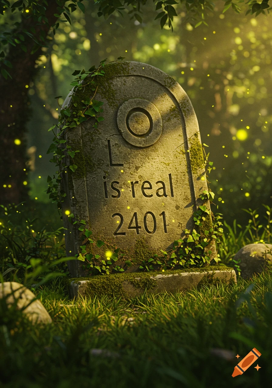A moss-covered tombstone with 'L is real 2401' carved into it, stands in a mystical forest with glowing fireflies.