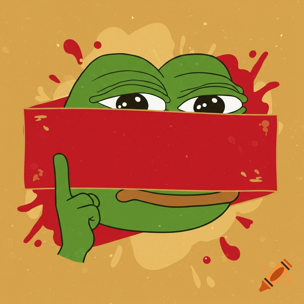 Cartoon illustration of Pepe the frog peeking over a red banner, pointing up, with a yellow background and red splatters.