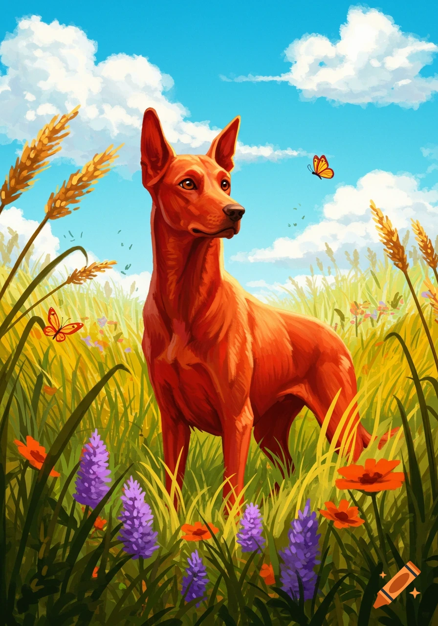 A reddish-brown dog stands in a vibrant field of tall grass and wildflowers under a blue sky, watching a butterfly. Painterly style.