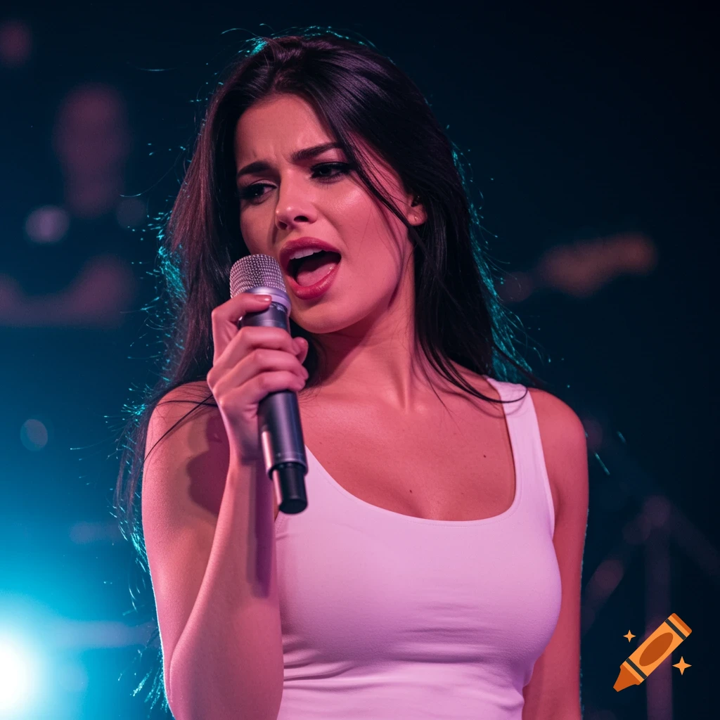 A photorealistic portrait of a woman with long black hair, wearing a white tank top, singing into a microphone on a stage.