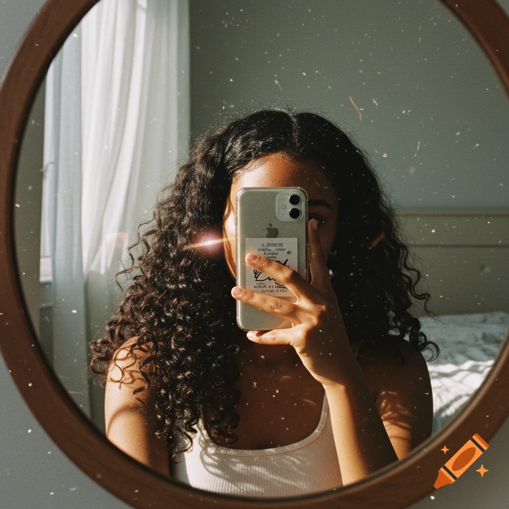 A person with curly dark hair holds a phone, covering their face, taking a mirror selfie in a sunlit room.