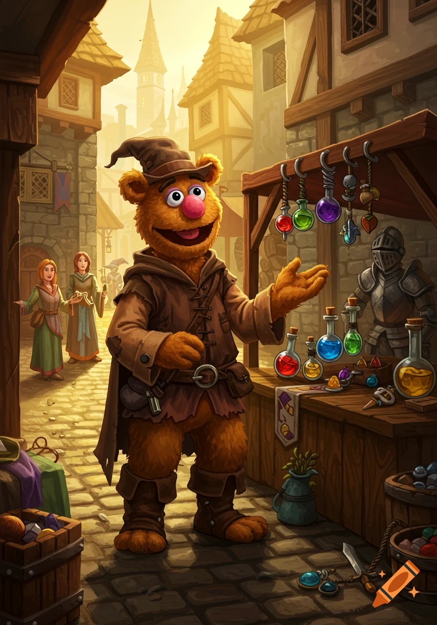Fozzie Bear dressed as a wizard sells colorful potions at a bustling medieval market stall, with villagers in the background.