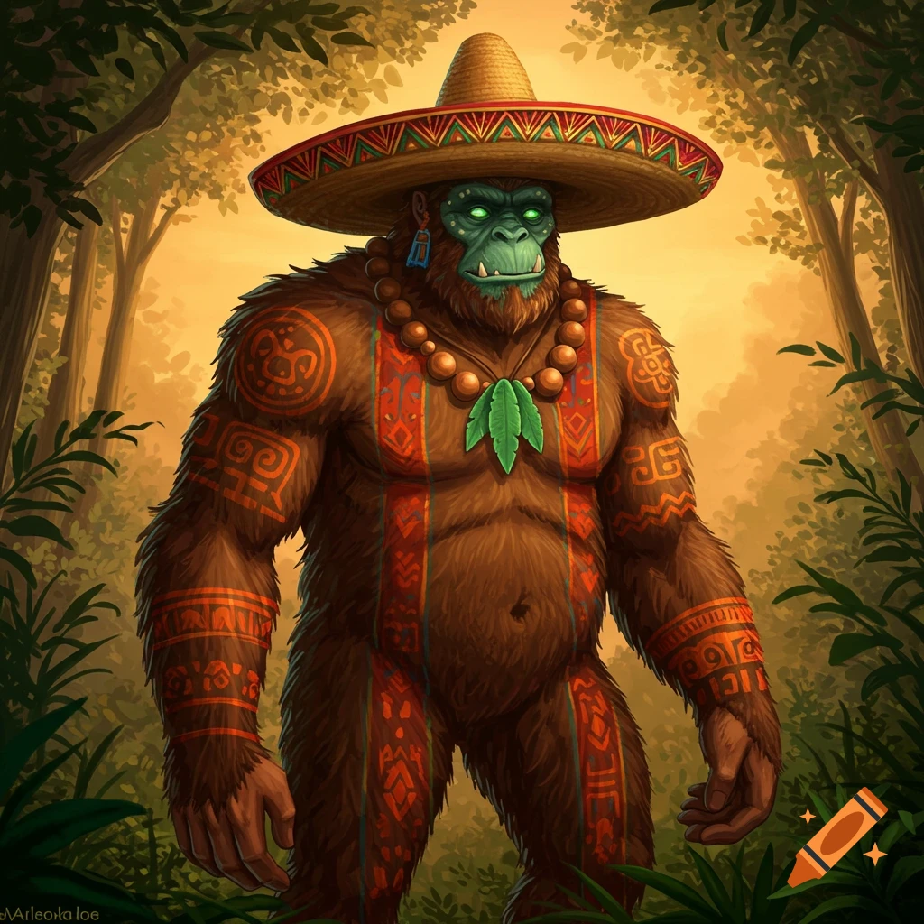 A gorilla-like Bigfoot creature with a green face and glowing eyes wears a sombrero and tribal patterns in a jungle.