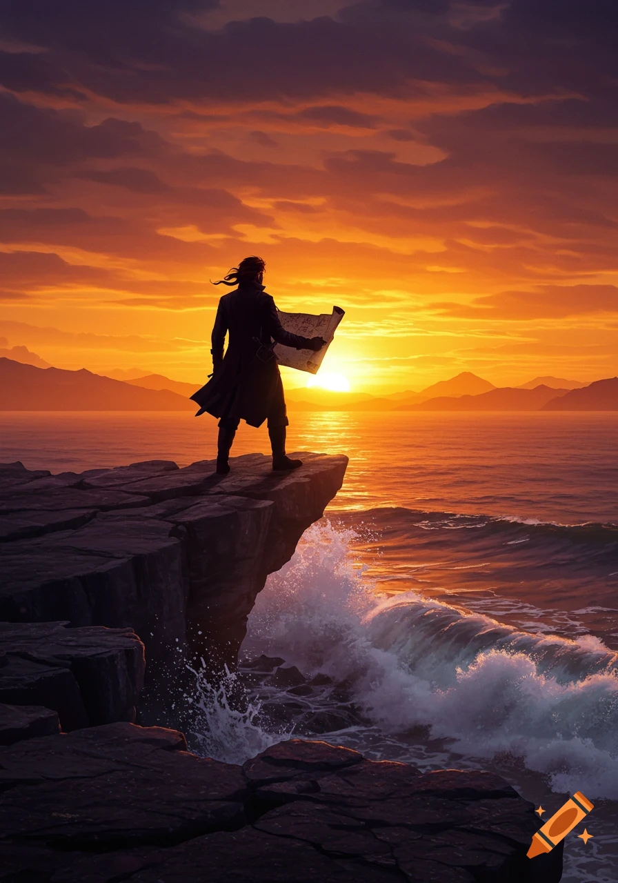 A lone figure stands on a rocky cliff overlooking a vibrant orange sunset over the ocean, holding an open map.