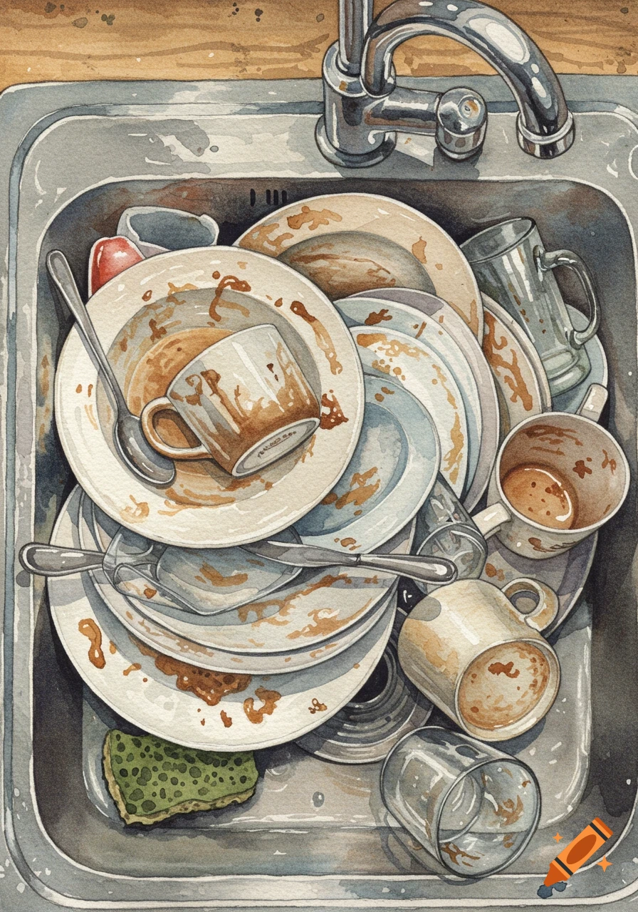A top-down watercolor drawing of a kitchen sink filled with a large pile of dirty dishes, including plates, cups, and cutlery, with a green sponge.
