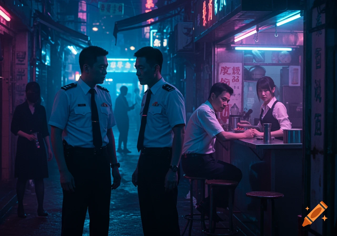 Two policemen on a neon-lit street at night, one at a food stall with a waitress, another figure in the background.