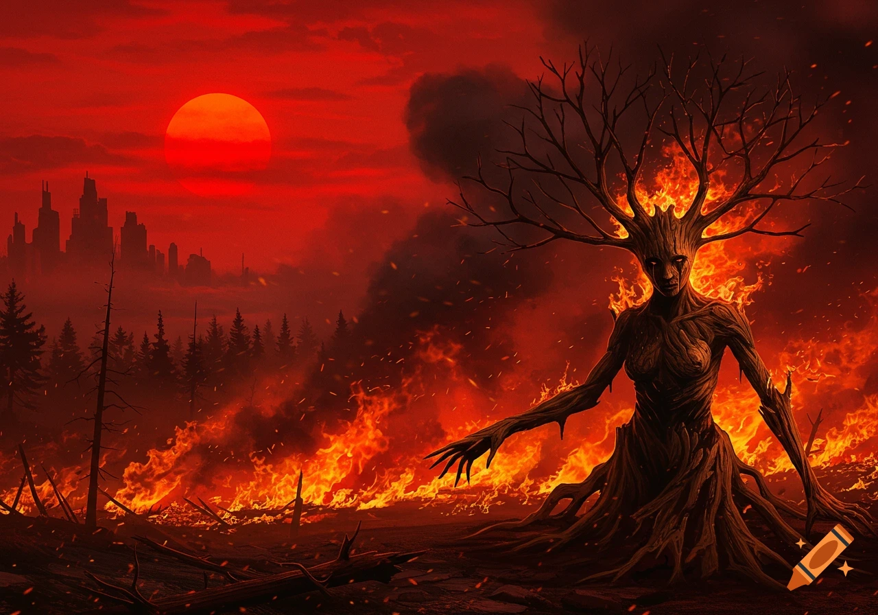 A dark fantasy painting of a weeping tree-woman ablaze in a burning forest with a blood-red sky and distant city.