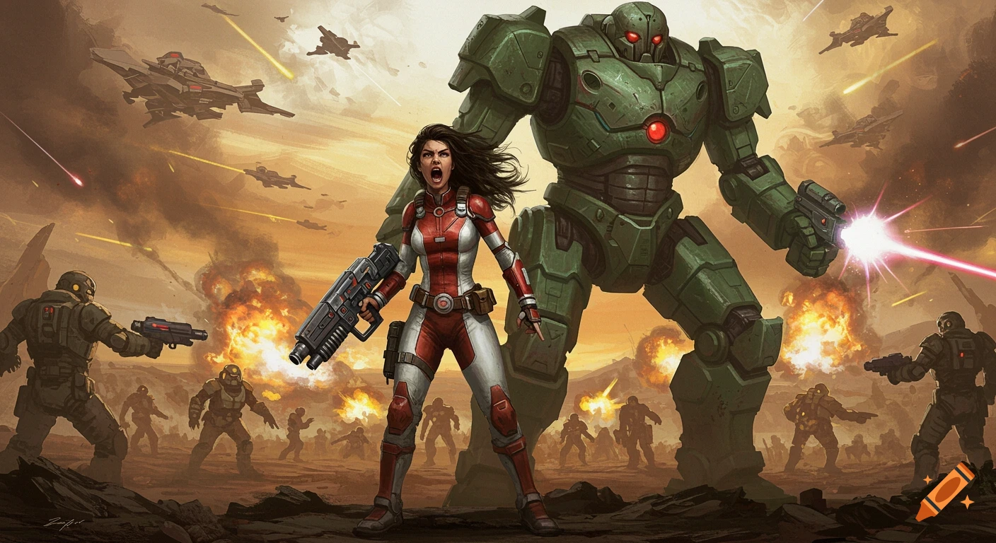 A woman in red and white futuristic armor holds a laser blaster, shouting amidst a chaotic sci-fi battle with a large green robot, explosions, and spaceships in an oil painting style.