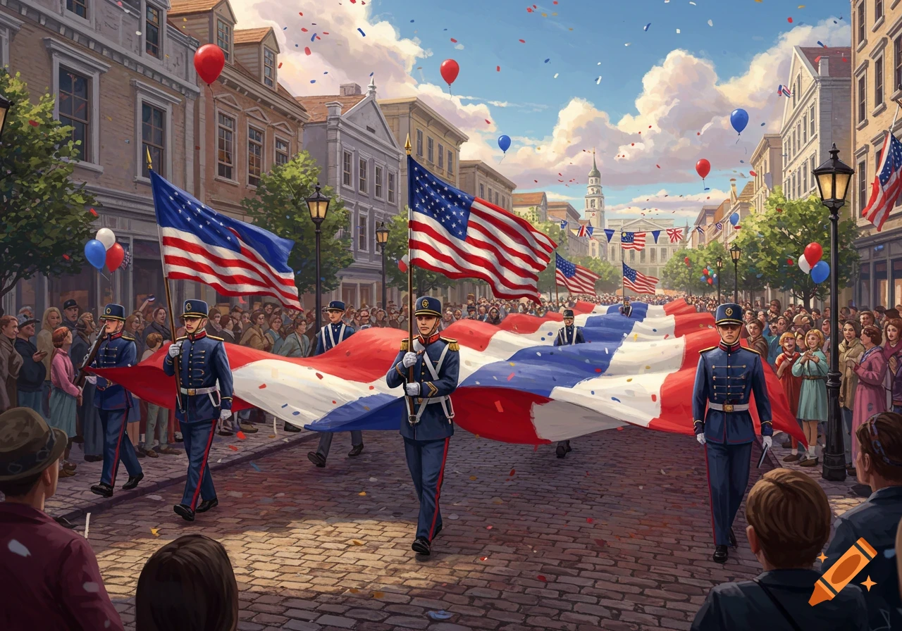A patriotic parade features soldiers in historic uniforms carrying a giant American flag down a cobblestone street, lined with cheering crowds and buildings, under a festive sky with confetti and balloons.