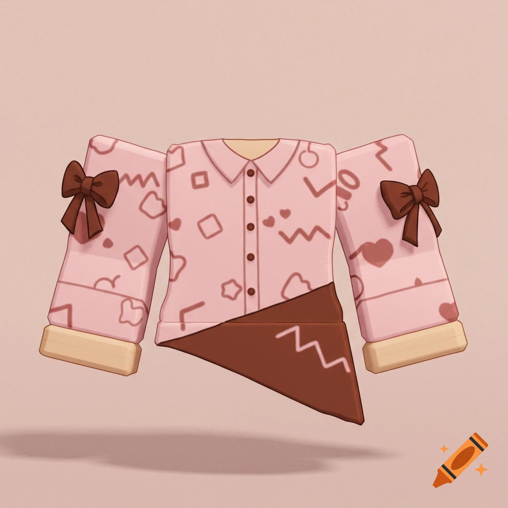 A pink and brown Roblox-style shirt with abstract patterns and bows on the sleeves, floating against a light pink background.