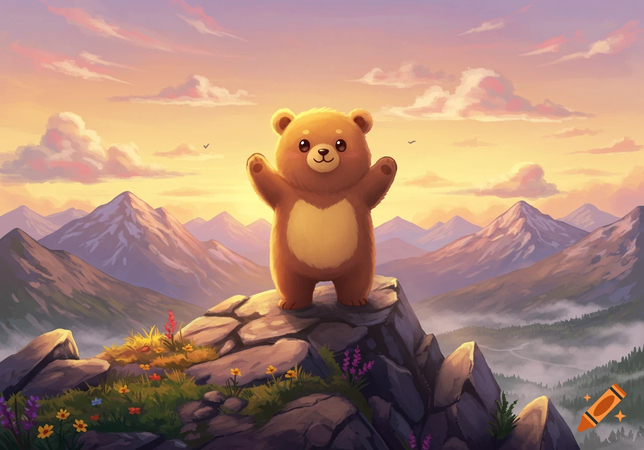 A cute brown bear with rosy cheeks stands triumphantly on a mountain peak with its arms raised against a sunset sky and distant mountains.