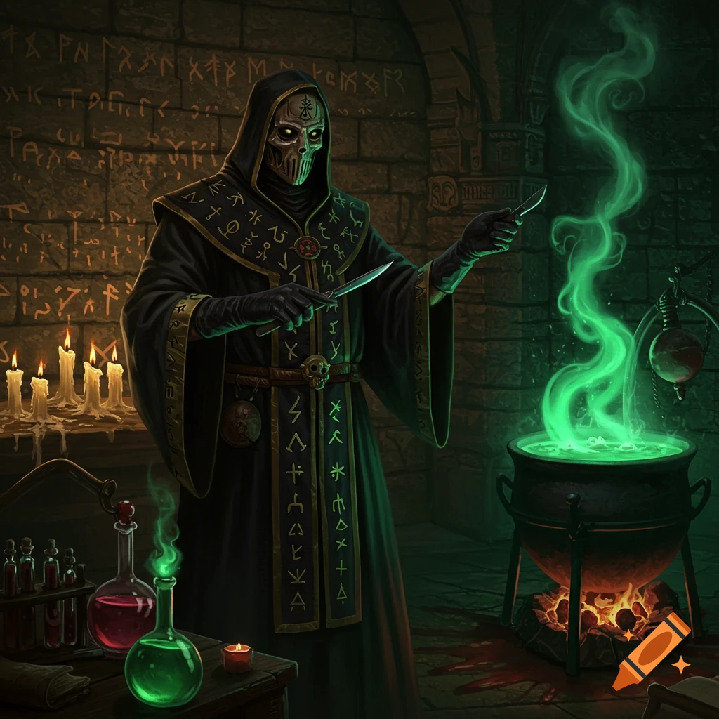 A masked figure in a black hooded robe holds two knives over a glowing green cauldron in a dark, rune-covered chamber.