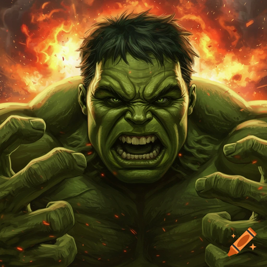 Close-up of an angry Hulk, green-skinned and muscular, roaring with a fiery, explosive background in a comic art style.