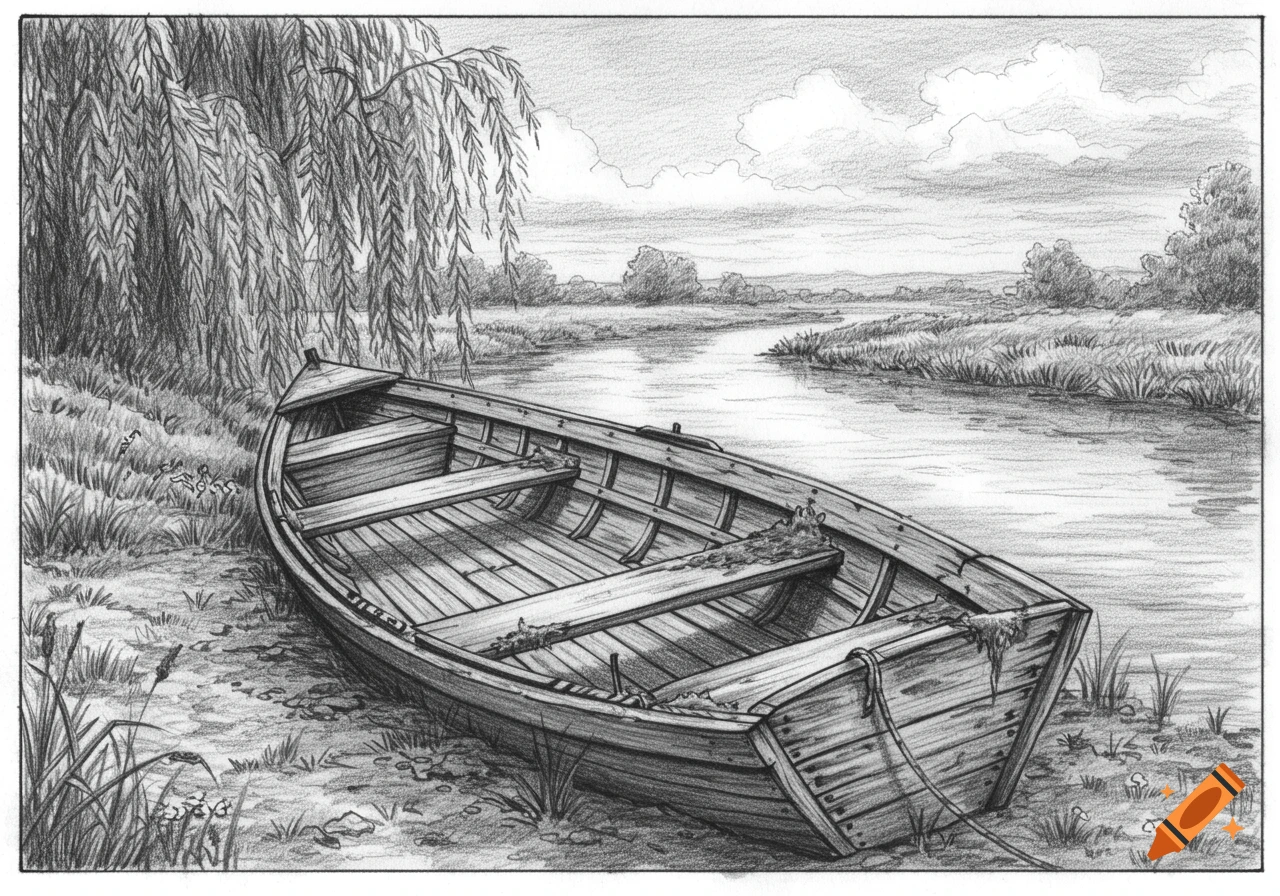 A detailed black and white pencil sketch of an old wooden rowboat resting on the grassy bank of a river, under a weeping willow tree.