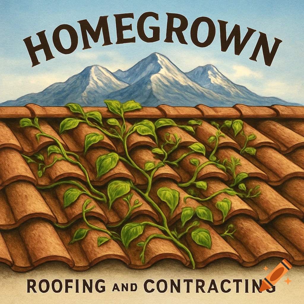 A graphic logo for Homegrown Roofing and Contracting featuring a tile roof with green vines, mountains, and a blue sky.
