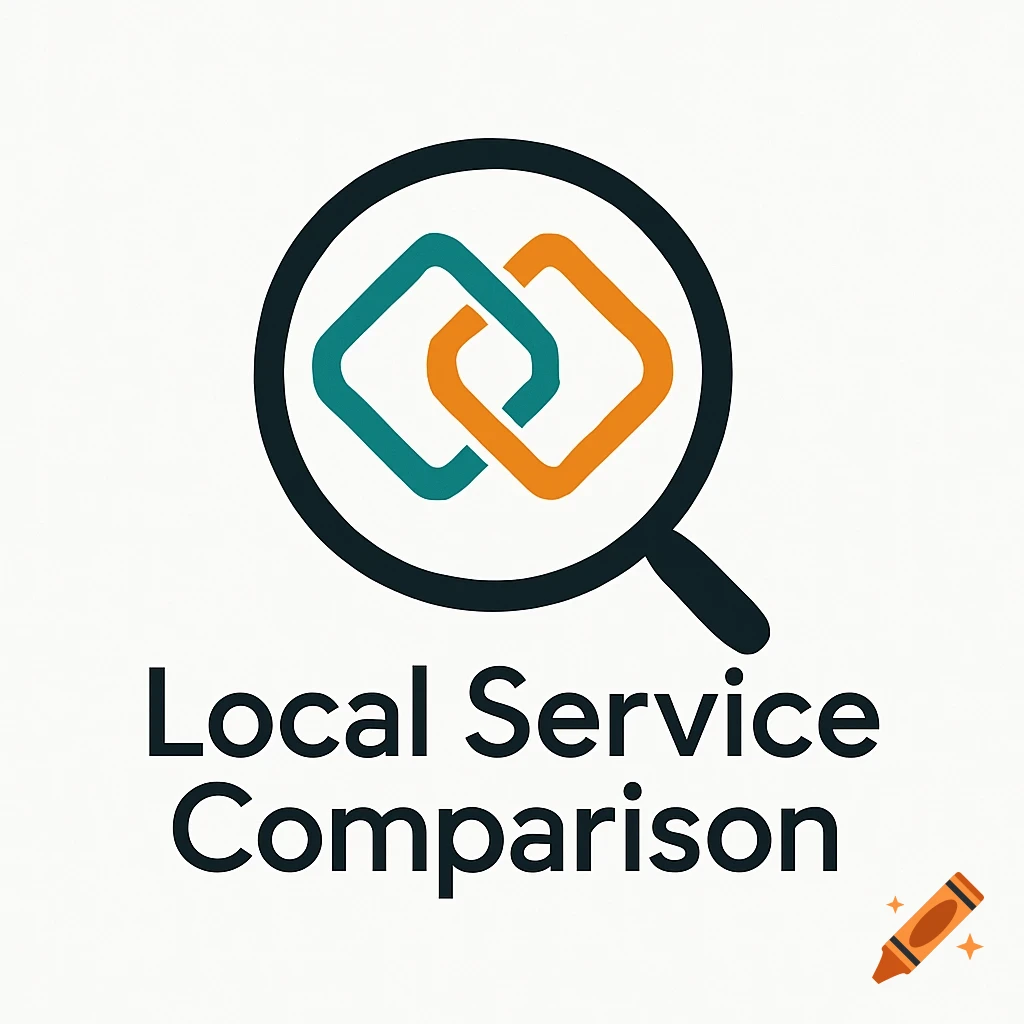 A logo featuring a magnifying glass with two interlocking rounded squares inside, one teal and one orange, above the text "Local Service Comparison".