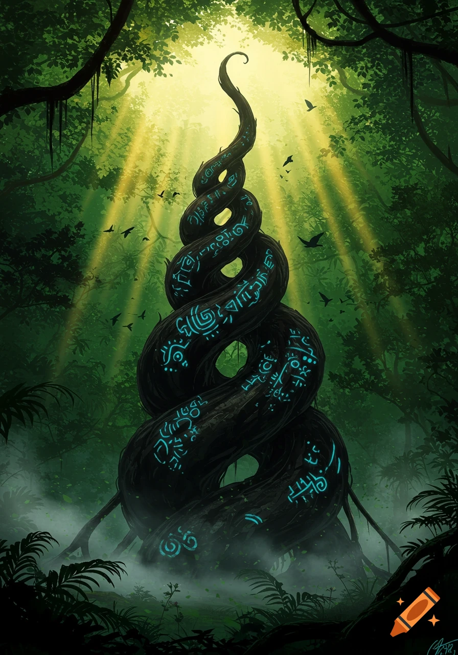 Mystical twisted vine with glowing runes in a sunlit, misty rainforest with birds flying above.