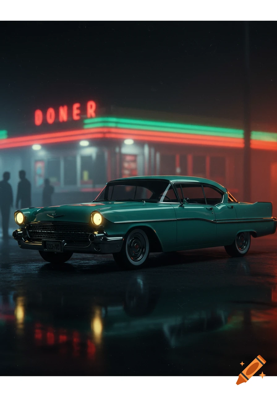 A teal classic car with glowing headlights parked on a wet street in front of a neon-lit diner at night.