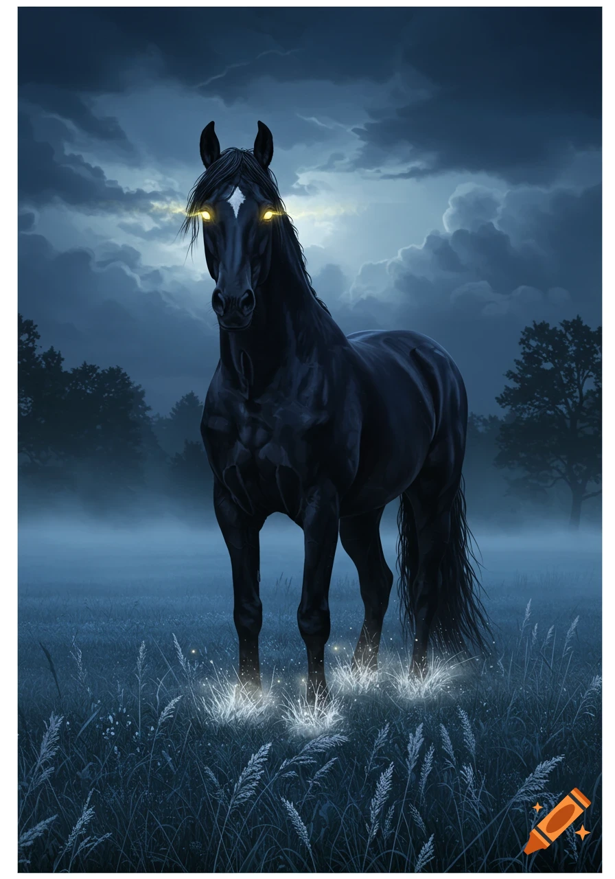 A black horse with glowing yellow eyes stands in a misty field at night, light glowing around its hooves. Digital illustration.