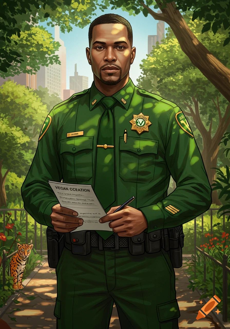 An illustration of a Black vegan police officer in a green uniform holding a citation pad and pen in a park with a small tiger.