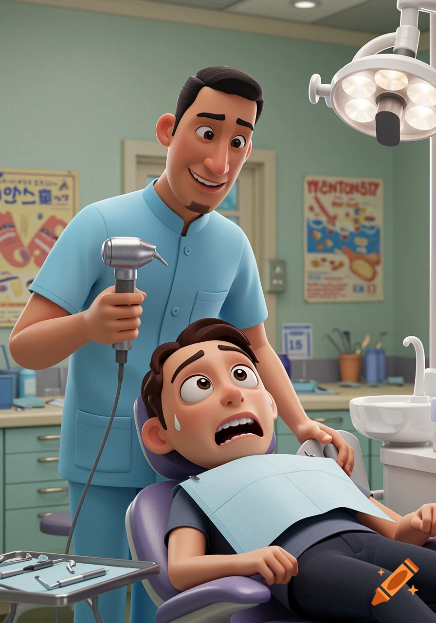 Smiling dentist holding a drill over a terrified patient in a dental chair, Pixar style.