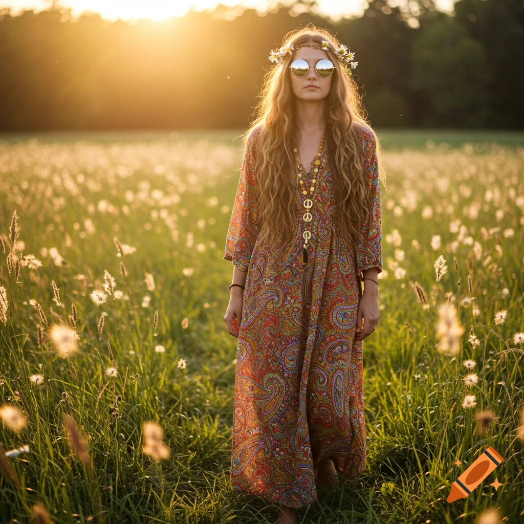 A retro hippie woman with long wavy hair, a flower crown, and round sunglasses stands in a sunlit field wearing a paisley maxi dress.