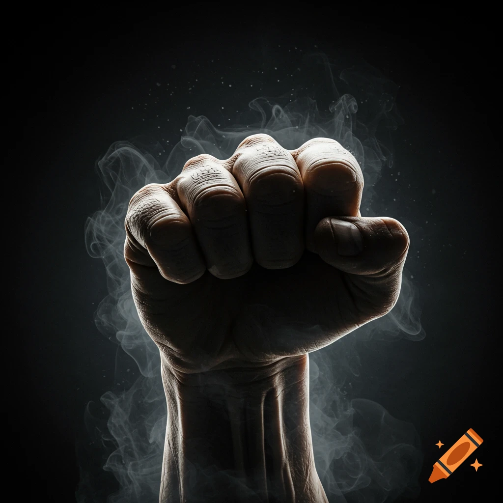 A tightly clenched fist emerges from a dark, smoky background with dramatic lighting, appearing from below.