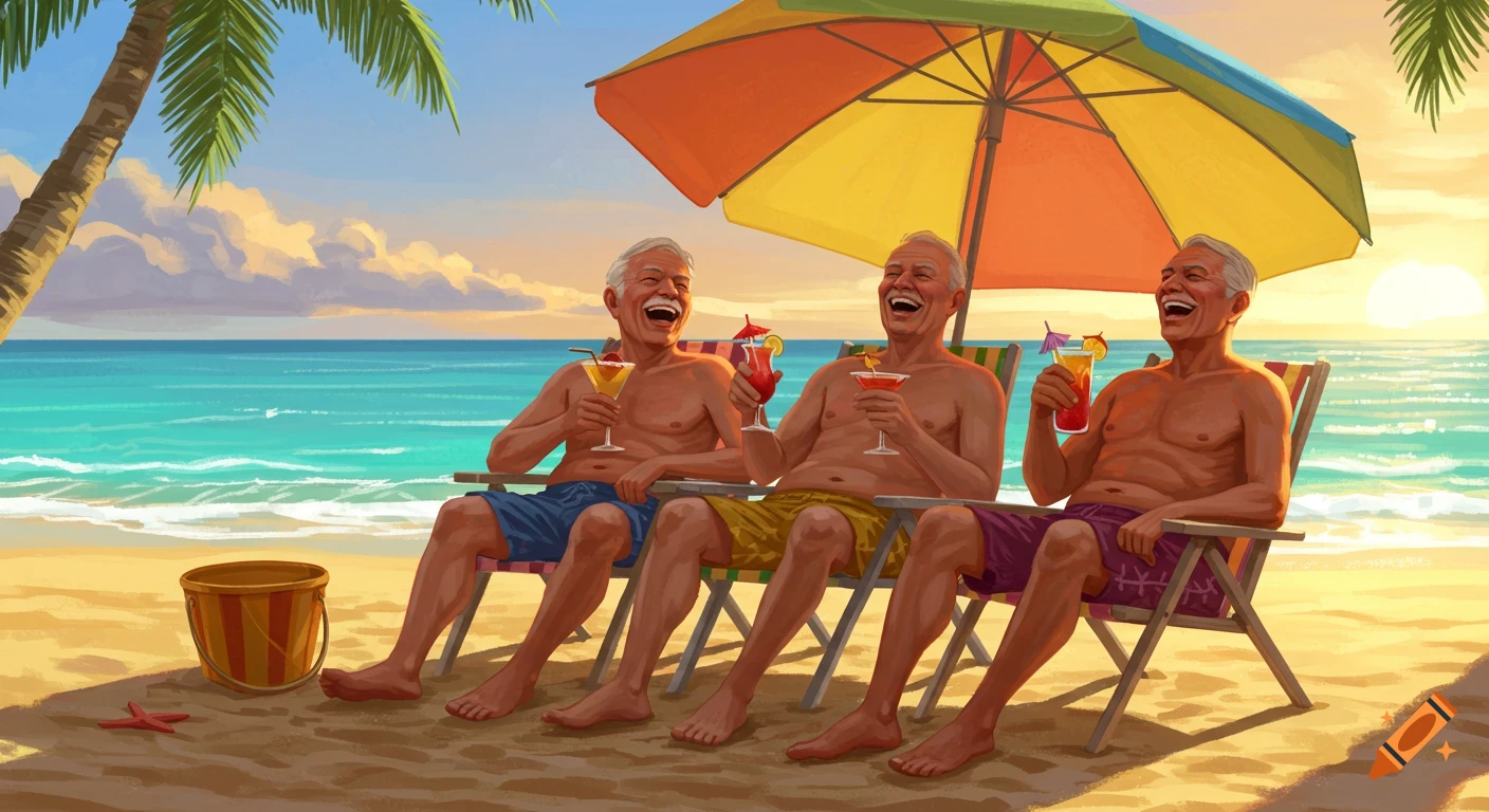 Illustrative painting of three older men laughing on beach chairs, holding cocktails under an umbrella, with the ocean behind them.